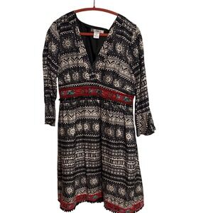 WD-NY 100% Silk Geometric Medallion Print Dress Black Red Velvet Trim Size 14